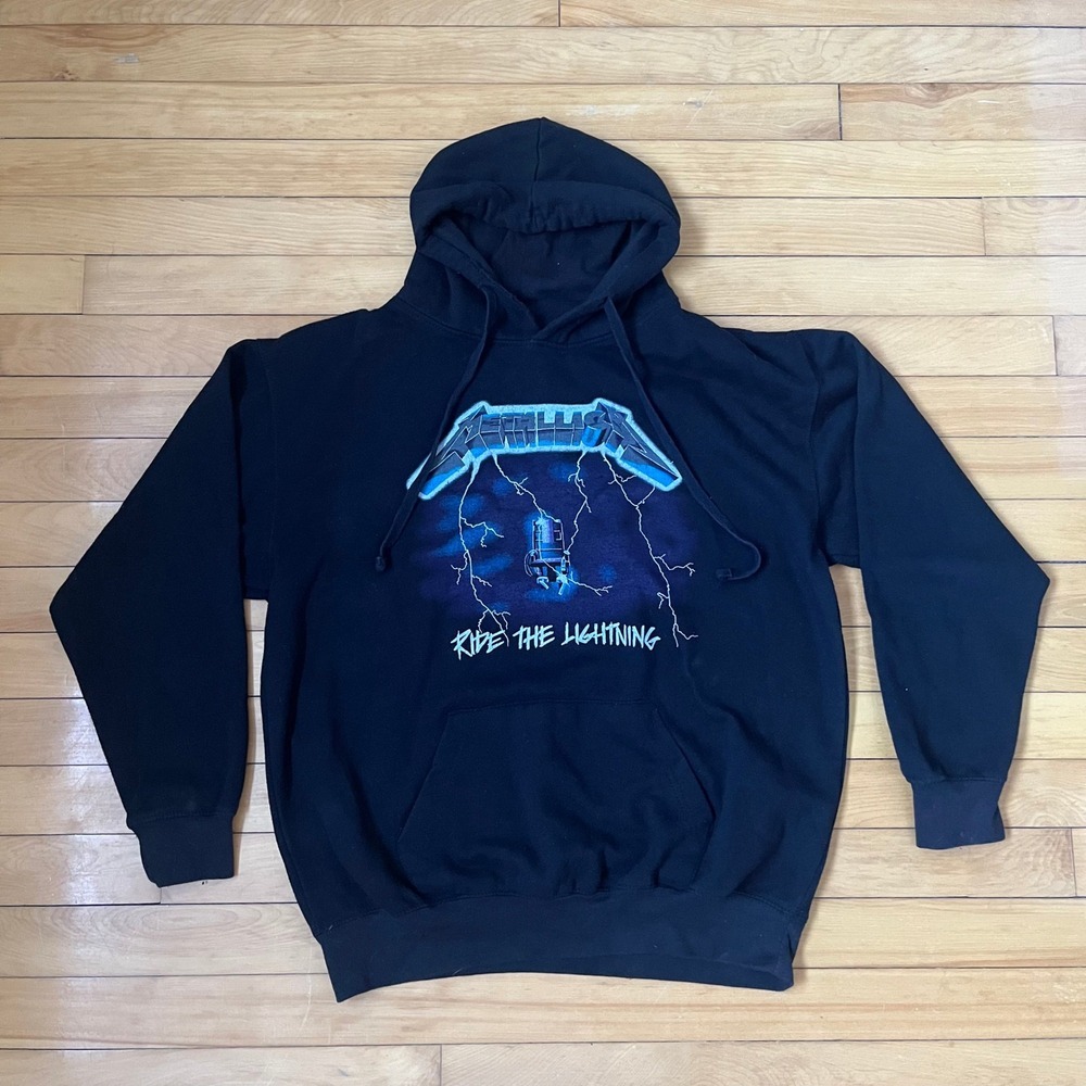 Metallica Ride the Lightning Black Graphic Hoodie Mens Large Rock Band Pullover